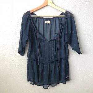 Hollister Navy Blue Chiffon Peasant Top